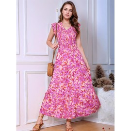 Seta T Women's Summer Dresses Casual Cap Sleeve V Neck Smocked Floral Ruffle Tiered Flowy Beach Maxi Dress X-Large Hot Pink