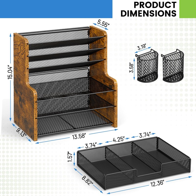 DAOUTIME 6-Tier Mesh Desk Organizer with Drawer, Wooden Office Organizer