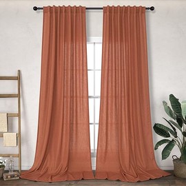 Terracotta Curtains 84 Inch Length for Living Room 2 Panels Back Tab Pocket Drapes Light Filtering Semi Sheer Flax Linen Burnt Orange Brown Red Rust Curtain for Bedroom Boho Farmhouse Decor 52x84 Long