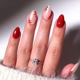 Spring Press on Nails Short Almond Red Flower Design Glue on Full Cover Acrylic False Nails Glossy Artificial Stick on for Women 24Pcs