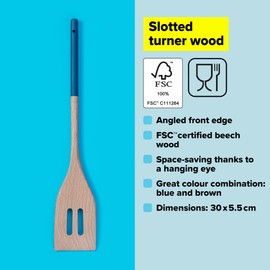 Tasty Wooden Slotted Turner Spatula with Bevelled Front Edge, Heat-Resistant Kitchen and Cooking Spatula with Modern Handle, Dimensions: 30x5.5cm, Colour: Light Wood & Dark Blue