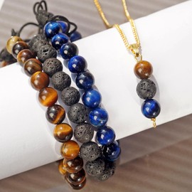 Blue Tiger Eye, Lava And Yellow Tiger Eye combo set With Matching beaded Pendant necklace- Natural Stones jewlery set handcrafted with 8 mm Beads, For Wellnessand balancing Spiritual Energy Free Size