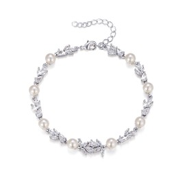 EVER FAITH Gorgeous Cubic Zirconia Wedding Link Bracelet for Bride Bridesmaids, White Gold Plated Faux Pearl Marquise Teardrop Crystal Floral Bridal Jewelry for Women Prom