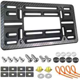 FBJTDQ Front License Plate Mounting Kit- Carbon Fiber License Plate Frame and Universal Bracket for 2 Hole Front Bumper, Black Aluminum Car Tag Holder Adapter