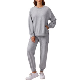 PINSPARK 2 Piece Outfits for Women Crew Neck Sweatshirt Cargo Jogger Pants with Pockets Dressy Casual Lounge Set 2025, Light Grey Medium