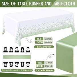 Tudomro 16 Pcs White and Sage Green Disposable Plastic Tablecloths and Satin Table Runner Set 54x108 Inch Tablecloth 12x108 Inch Table Runners for New Year Wedding Birthday Baby Shower Graduation