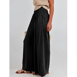 ANRABESS Women Palazzo Pants Summer Boho Bagyy Wide Leg High Smocked Waist Casual Loose Lounge Pant with Pocket Black Small