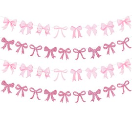 RICHHHA 4pcs Glitter Pink Bow Garland Banner Pre-Strung Pink Bow Theme Party Backdrop Bridal Baby Shower Sign Garland Coquette Birthday Party Supplies Decorations for Women Girls,NO-DIY