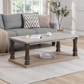 SSLine Traditional Wooden Coffee Table Rectangle 2-Tier Center Table with Natural Storage Shelf Retro Living Room Coffee Table with Grey Top and Espresso Carved Legs for Home Office