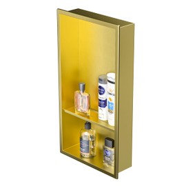 Bernkot Stainless Steel Shower Niche 12" X 24" Gold with Double Shelves No Tile Needed Niche Shower for Bathroom Storage Recessed Shower Shelf Over Mount Installation