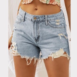 Light Blue Distressed Washed Raw Hem Denim Shorts - Size: 14