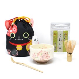 Honjien Black Cat Tea Utensils, 5-piece Set, Drawstring Cloth, Ippo, Matcha Set, Z/La, Gift, Present