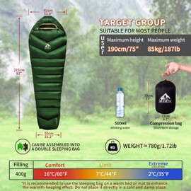 BUERTS Down Sleeping Bag, 620FP, Small Pack Size, Ultralight Sleeping Bag for 3 Seasons, Suitable for Hiking and Camping of Adults and Teenagers, Only 750 g (Green 13 °C)