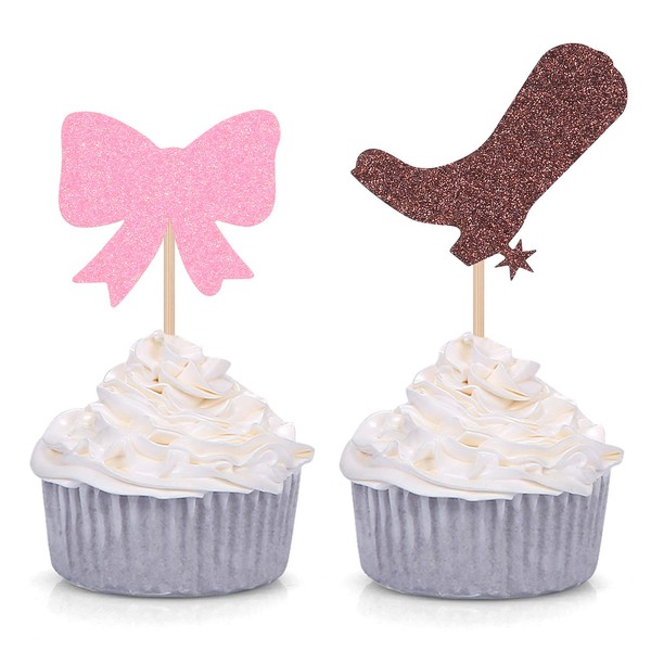 Paquete de 24 adornos para cupcakes, diseño de botas o lazos con purpurina, color marrón y rosa