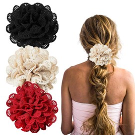3PCS Rose Flower Hair Claw for Women Girls, Elegant Boho Floral Fabric Claw Clips for Thick and Long Hair Accessories (Black, Beige, Burgundy)