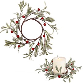 Christmas Mistletoe Candle Rings, 2 Pcs Pillar Candle Rings Wreaths Artificial Mistletoe Wreaths with Pearl Accents Country Primitive Candle Wreath for Winter Holiday Wedding Table Party Decor (Red)