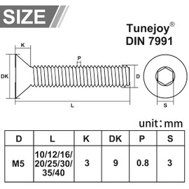 Tunejoy Pack of 30 M5 x 16 mm countersunk head screws, black countersunk screws, stainless steel, A2 V2A, countersunk head, hexagon socket, DIN 7991, full thread with Allen key