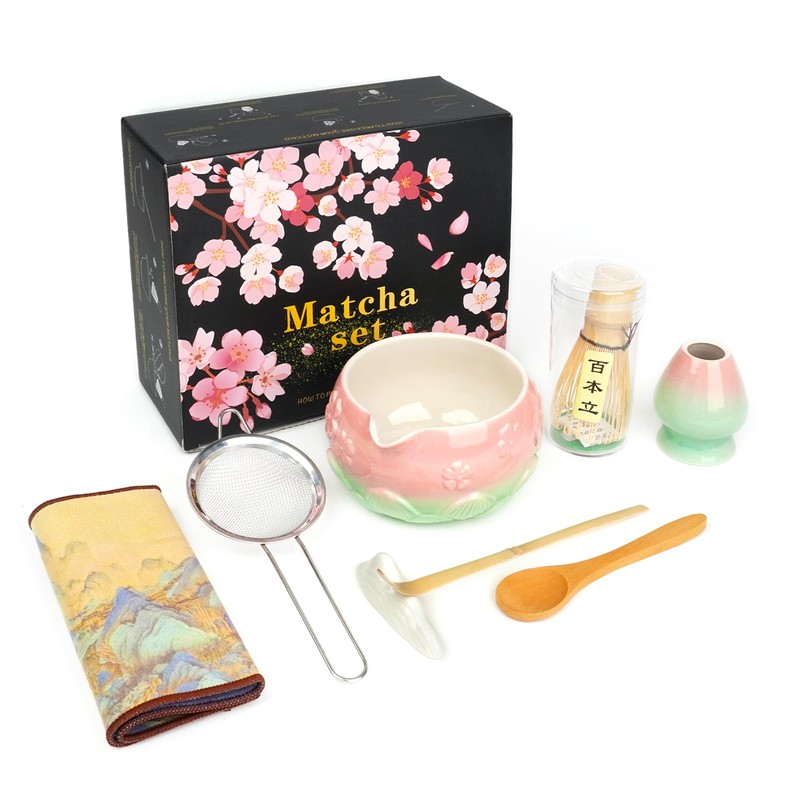 Mint Pink 8Pcs Matcha Whisk & Bowl Starter Kit Microwave