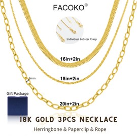FACOKO Gold Herringbone Necklace for Women, 18k Gold Plated Long Lariat Necklace, Men Paperclip Snake Chain Necklace, Layering Gold Necklace Set (Individual Lobster Clasp), Gold Plated, No Gemstone