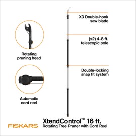 Fiskars XtendControl Extendable Tree Pruner (12 ft), Pole Saw, Adjustable Branch Trimmer with 15" X1 Saw, 3-6 ft Extension Poles, and Secure Locking System for Precision Cutting