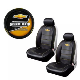 PlastiColor New Chevy Bowtie Car Truck 2 Front Sideless Seat Covers Steering Wheel Cover Set