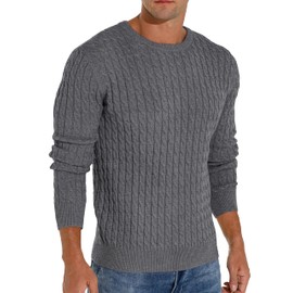 Hisir Men's Winter Cable Knit Jumpers Casual Crew Neck Warm Long Sleeve Pullover Sweater Tops for Men (Dark Grey, L)