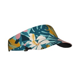 Tropical Floral Print Sports Visor, Teal and Pink Hawaiian Pattern, Adjustable Sun Hat Unisex for Sport Beach Tennis Golf Running Hiking