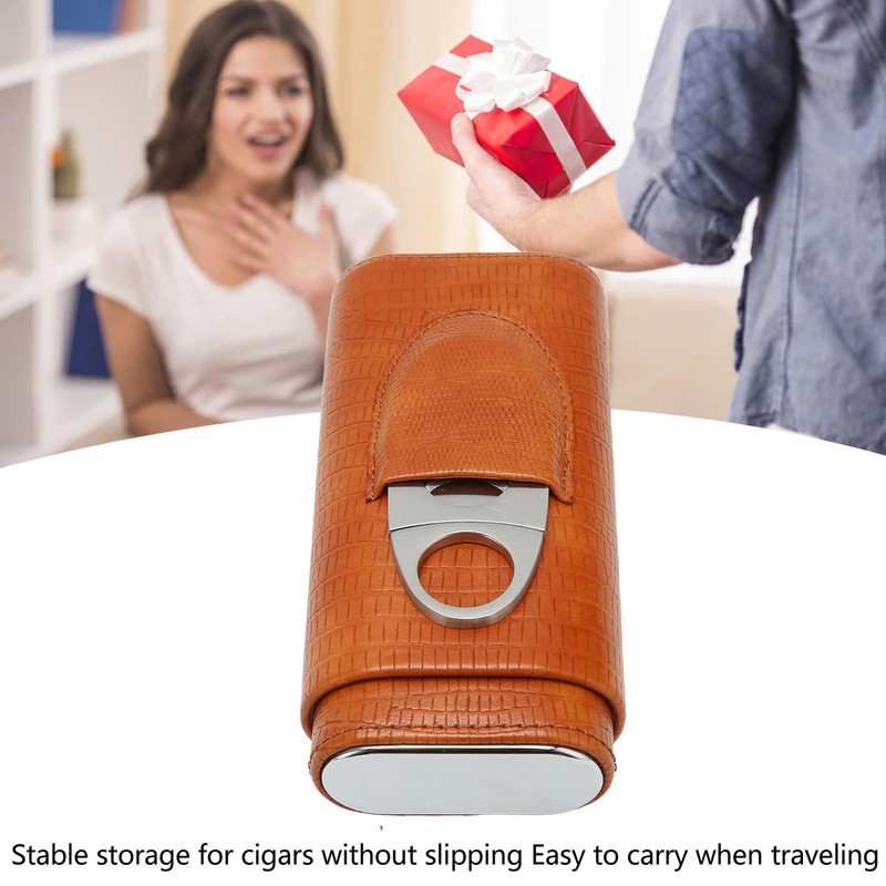 Cigar Case 3 Finger Cedar Wood Lining Portable Faux Leather