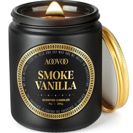AOOVOO Scented Candles for Men - Smoke & Vanilla Candles for Home Scented | Crackling Wood Wick Soy Candles | Strong Fragranced Masculine Black Candle Gift for Women & Men, 9oz