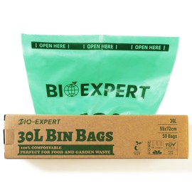 BIO-EXPERT 30L x 50 Bin Liner Bags 100% Compostable and Biodegradable Made from Plants with En13432 & Home Compost Certification Leakproof Super Strong in Green