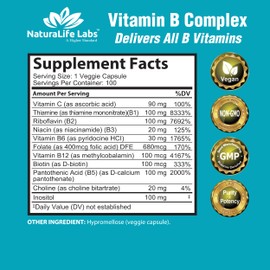 NaturaLife Labs Vitamin B Complex with Vitamin C and Folic Acid - B12, B1, B2, B3, Vitamin B5 Pantothenic Acid, B6, B7, B9 - Nervous System Support 100 Veggie Capsules