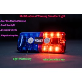 Police Personal Safety Warning Signal Clip Shoulder Light with Electronic Whistle Flashlight magnet For Outdoor Rescue,Traffic Guidance,Police patrols,Cycling,Night run,Costume Role Playing (Red/Blue)