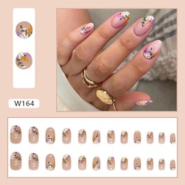 Vezocim Flower Press on Nails Oval Shapes, Full Cover Acrylic Nude False Nails with Floral Designs, Artificial Glossy Short Fake Nails with Sticky Tabs, Glue on Fingernails for Women (W164)