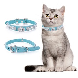 cobee Dog Collar with Rhinestones, Adjustable Cat Collar Bling PU Leather Puppy Collar Crystal Pet Collars for Small Dogs Cats Collar Accessories (Blue)