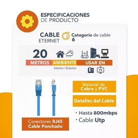 Genérico - Cable de Red Ethernet 20 metros Categoría CAT 6 - Interiores y exteriores - 800 mbps - Rj45 (Azul, 20 metros)