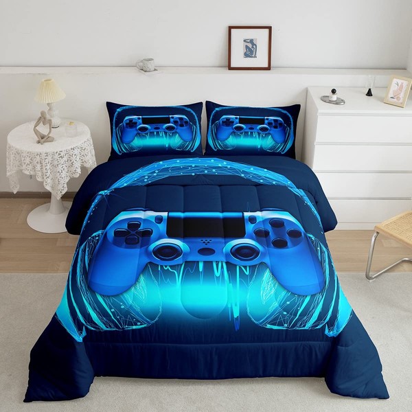 Gamer Comforter Set Full Size,Blue Headphones Musical Design Games Gamepad