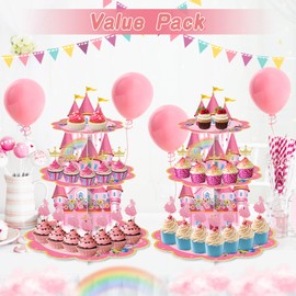 2 Pack Princess Birthday Cupcake Stands Party Decorations - 3 Tier Pink Castle Crown Floral Rainbow Theme Party Supplies for Girls Baby Shower Cupcake Dessert Holders Table Centerpieces