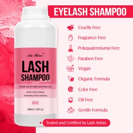 AuReve Lash Shampoo Bulk for Lash Extensions 600 Ml/20fl.oz Eyelash Extension Cleanser Oil Free Lash Cleanser for Eyelash Care, Gentle Foaming Eyelash Shampoo for Salon Home Care (Rose 600ml)