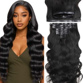 Lacer Body Wave Clip in Hair Extensions Real Human Hair, Seamless 7 Pcs 115g Wavy Human Hair Clip in Extensions for Women Natural Black 18 Inch