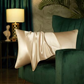 Both Sides Luxury Mulberry Silk Pillowcase 19 Momme Soft Breathable Avoid Facial Wrinkles Hidden Zipper 1pc/pack 100% Pure Natural Silk (Gold, Standard 50x75cm)