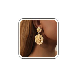 TseanYi Coin Lion Head Earrings Gold Textured Coin Dangle Earrings Portrait Loin Head Drop Earring Hammered Geometric Round Charm Earirng Personality Ear Jewelry