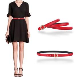 Cinturón de piel suave para mujer, cinturón de moda, cinturón de aleación dorada, forma redonda, hebilla, Paquete de 3, rojo, beige y café oscuro, For Waist 28"- 34", Women Size S-M, 4-6