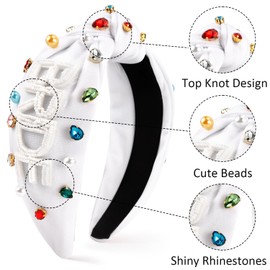 SuPoo White Bride Headband Wedding Jeweled Knotted Headband Rhinestones Embellished Hairbands Beads Pearl Wide Top Knot Bridal Headpiece Hair Accessory Tiara for Bachelorette Party Bridal Shower