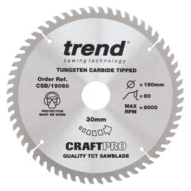 Trend Wood Circular Saw Blade, 190mm Diameter, 30mm Bore, 60 Teeth, TCT, 2.6mm Kerf, +15° Hook, CSB/19060