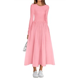 BTFBM Casual Long Sleeve Dresses Spring Dresses 2025 Wedding Guest Dress Midi Dress Flowy Bohemian Long Dresses(Pink,Medium)
