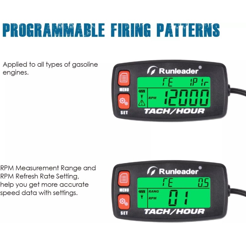 Runleader Digital Tach Hour Meter Self Powered Maintenance RPM Alert