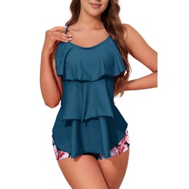 Trajes de baño tankini para mujer con pantalones cortos para niño, control de abdomen, talla grande, modesto volante, clásico, dos piezas, Turquesa, M