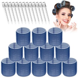 Jumbo Hair Curlers Set - 24 Large Rollers with 12 Rollers and 12 Clips for Long, Thick Volume (Blue)