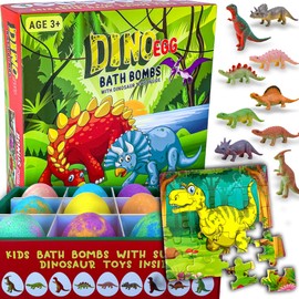 Easter Basket Stuffers Bath Bombs for Kids with Surprise Toys Inside Plus Dinosaur Puzzle - Set of 9 Organic Dino Egg Bath Bombs, Gentle for Kids, Rainbow Bubble Bath Fizzy, Gift for Kids, Boys, Girls
