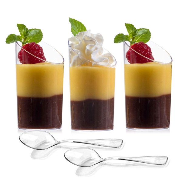 zappy 32 Mini Dessert Cups With Mini Tasting Spoons Clear Slanted Cylinder Mini Dessert Appetizer Cup 2.5 oz Plastic Tasting Cups Sample Shot Glasses Parfait Glass